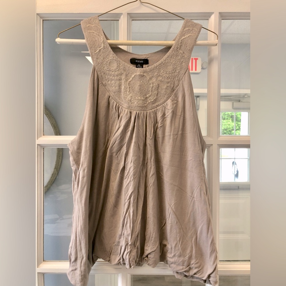 Alfani, Size XL, Tan/Taupe Dressy Tank Top with Embroidered Scoop Neck w/ Beads